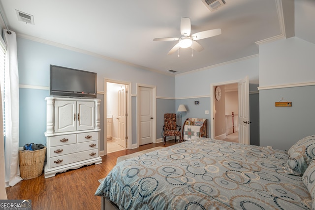2403 Wistful Way, Marietta, GA 30066 - bedroom with light wood-style flooring, crown molding, connected bathroom, and a ceiling fan