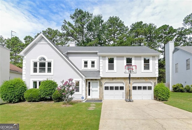4180 Pineset Dr, Alpharetta, GA 30022 - view of front facade with concrete driveway, a garage, a front yard, stucco siding, and a chimney