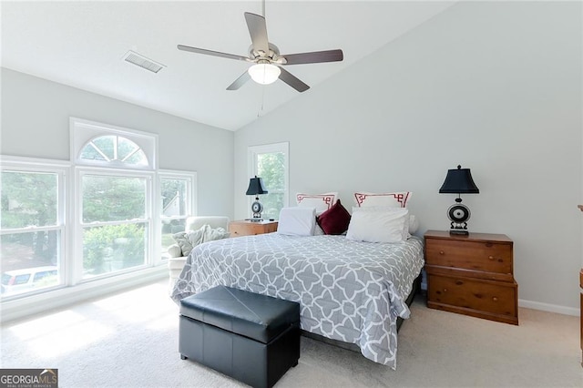 4180 Pineset Dr, Alpharetta, GA 30022 - bedroom featuring light colored carpet, multiple windows, a ceiling fan, and high vaulted ceiling