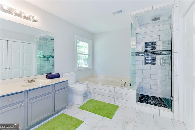 4180 Pineset Dr, Alpharetta, GA 30022 - full bath with a shower stall, vanity, marble look tile flooring, and a garden tub