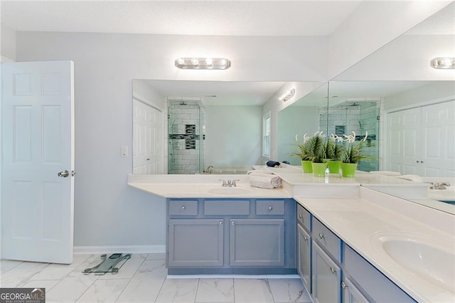 4180 Pineset Dr, Alpharetta, GA 30022 - bathroom featuring a stall shower, double vanity, and marble look tile flooring