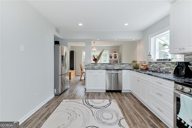 4180 Pineset Dr, Alpharetta, GA 30022 - kitchen with stainless steel appliances, plenty of natural light, a peninsula, white cabinetry, and recessed lighting
