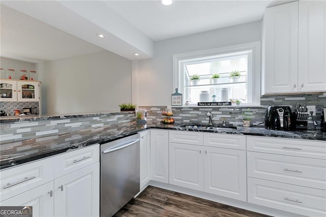 4180 Pineset Dr, Alpharetta, GA 30022 - kitchen with dishwasher, backsplash, dark stone counters, recessed lighting, and dark wood-style floors