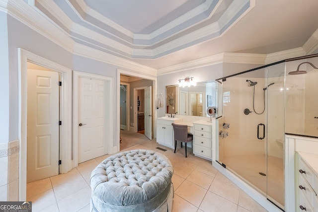 750 Old Loganville Rd SW, Loganville, GA 30052 - full bath with crown molding, vanity, a shower stall, tile patterned flooring, and a raised ceiling