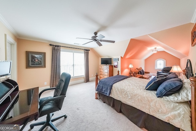 750 Old Loganville Rd SW, Loganville, GA 30052 - carpeted bedroom with a desk, multiple windows, ornamental molding, vaulted ceiling, and a ceiling fan