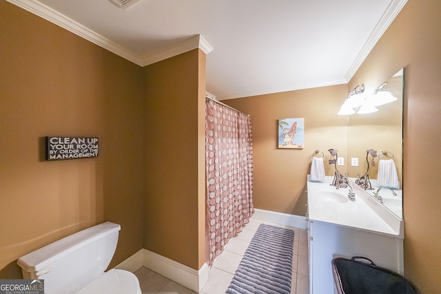 750 Old Loganville Rd SW, Loganville, GA 30052 - bathroom featuring vanity, tile patterned flooring, crown molding, and a shower with shower curtain
