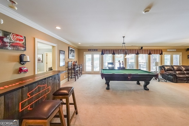 750 Old Loganville Rd SW, Loganville, GA 30052 - playroom featuring light carpet, french doors, ornamental molding, pool table, and recessed lighting