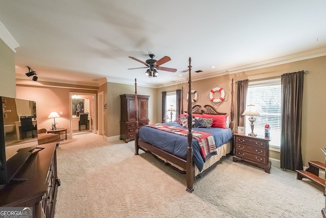 750 Old Loganville Rd SW, Loganville, GA 30052 - bedroom featuring ornamental molding, light colored carpet, and a ceiling fan
