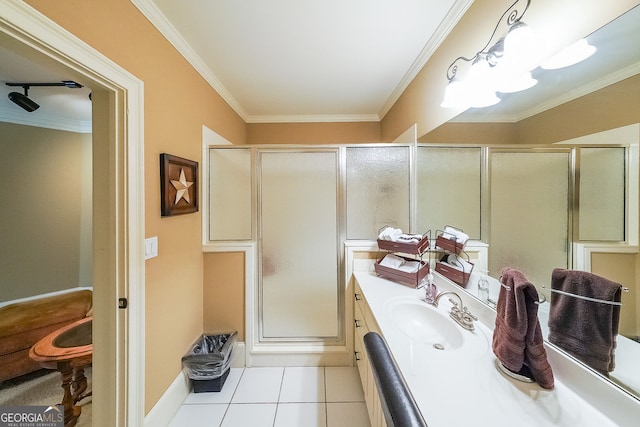 750 Old Loganville Rd SW, Loganville, GA 30052 - full bath featuring vanity, a stall shower, crown molding, and tile patterned flooring