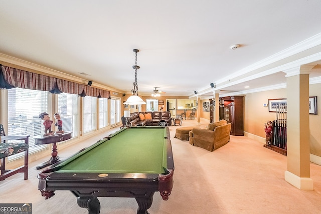 750 Old Loganville Rd SW, Loganville, GA 30052 - playroom with crown molding, billiards table, ornate columns, and light carpet