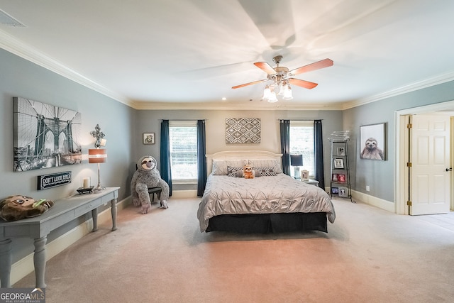 750 Old Loganville Rd SW, Loganville, GA 30052 - bedroom featuring multiple windows, carpet, ornamental molding, and a ceiling fan