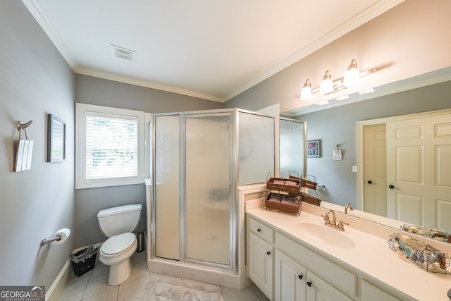 750 Old Loganville Rd SW, Loganville, GA 30052 - bathroom featuring vanity, a stall shower, tile patterned floors, and ornamental molding