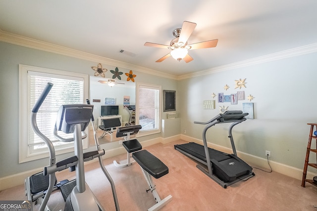 750 Old Loganville Rd SW, Loganville, GA 30052 - exercise area featuring crown molding, a ceiling fan, and carpet floors