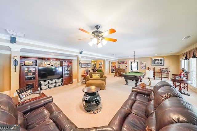 750 Old Loganville Rd SW, Loganville, GA 30052 - game room with billiards table, carpet flooring, ornamental molding, a ceiling fan, and ornate columns