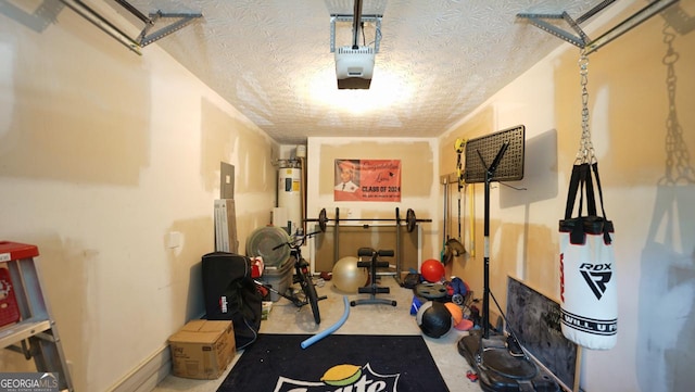 400 Silver Spring St, Dallas, GA 30157 - workout area featuring a garage, a textured ceiling, electric panel, and water heater