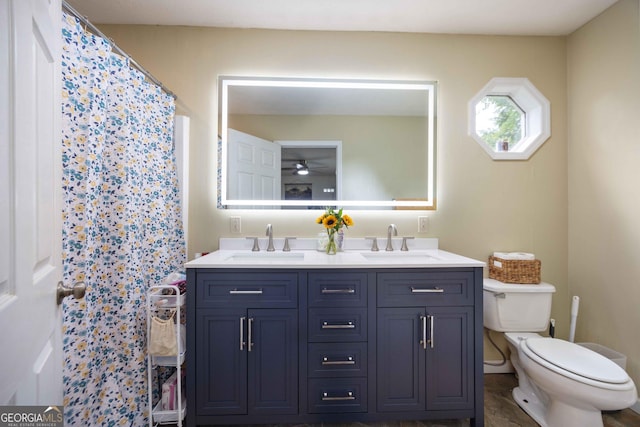 1101 Moon Rd, Shiloh, GA 31826 - full bath featuring double vanity, a ceiling fan, and curtained shower