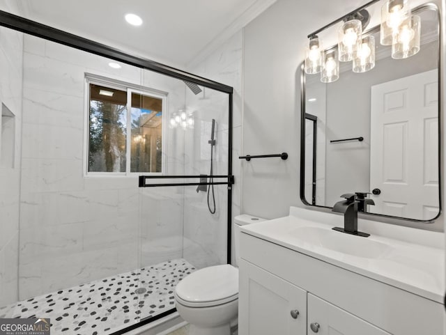 2308 Mark Trl, Decatur, GA 30032 - bathroom featuring a marble finish shower, vanity, a chandelier, and recessed lighting