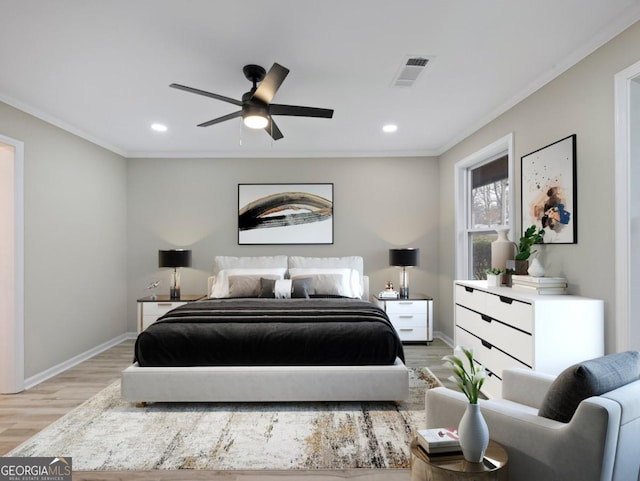 2308 Mark Trl, Decatur, GA 30032 - bedroom featuring light wood-type flooring, recessed lighting, crown molding, and a ceiling fan