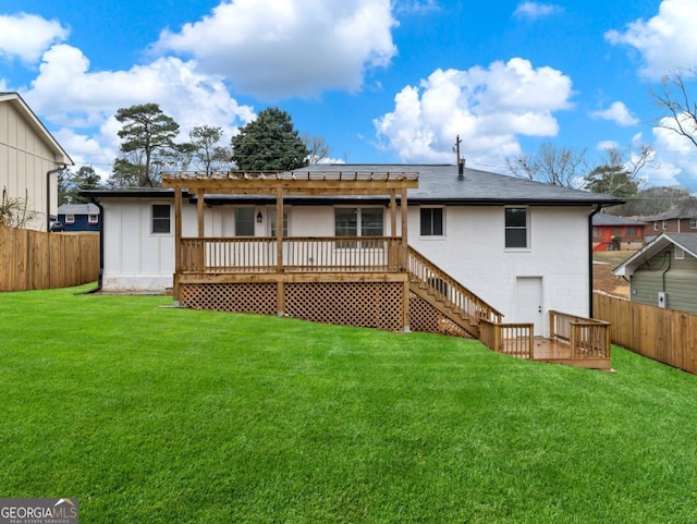 2308 Mark Trl, Decatur, GA 30032 - back of property featuring a wooden deck, a fenced backyard, a pergola, stairs, and roof with shingles