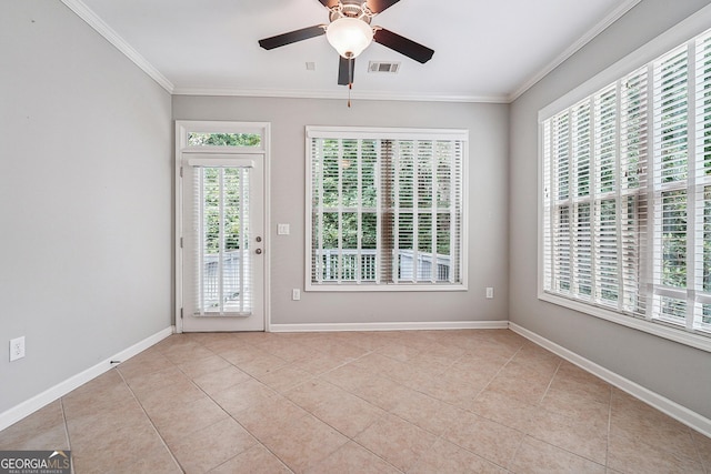 6722 Blue Heron Way, Flowery Branch, GA 30542 - spare room with plenty of natural light, a ceiling fan, crown molding, and light tile patterned floors