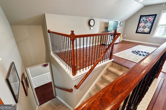 6722 Blue Heron Way, Flowery Branch, GA 30542 - stairs featuring wood finished floors and lofted ceiling