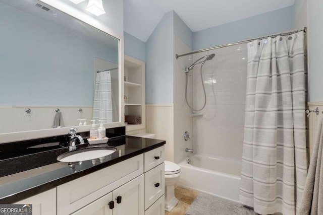 2375 Hyde Park Ct NW, Atlanta, GA 30318 - full bathroom with shower / bath combination with curtain, vanity, and a wainscoted wall