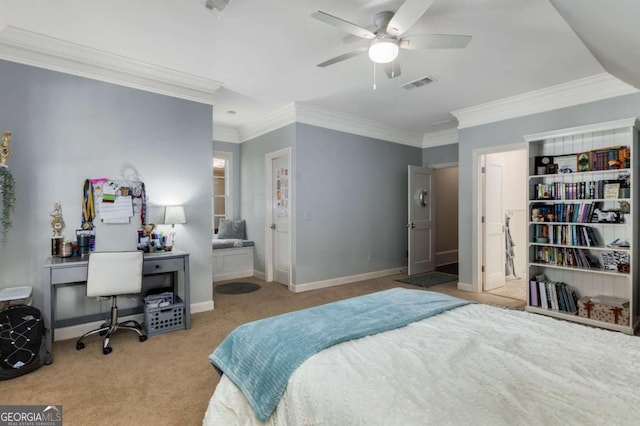 2375 Hyde Park Ct NW, Atlanta, GA 30318 - bedroom featuring carpet flooring, crown molding, an office area, and ceiling fan