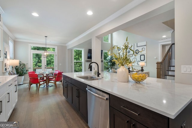 510 Walden Glen Ln, Alpharetta, GA 30004 - kitchen with dishwasher, white cabinetry, light stone counters, dark wood-style flooring, and recessed lighting