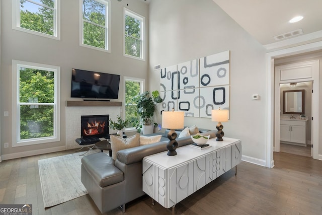 510 Walden Glen Ln, Alpharetta, GA 30004 - living room with a towering ceiling, wood finished floors, and a fireplace
