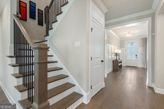 510 Walden Glen Ln, Alpharetta, GA 30004 - stairs featuring wood finished floors and crown molding