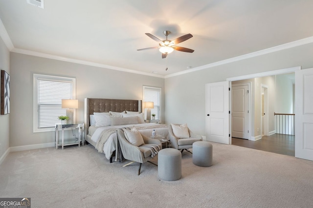 510 Walden Glen Ln, Alpharetta, GA 30004 - bedroom with carpet floors, multiple windows, ornamental molding, and ceiling fan