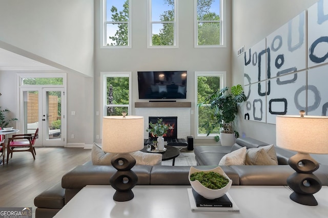 510 Walden Glen Ln, Alpharetta, GA 30004 - living area featuring a towering ceiling, a fireplace, wood finished floors, and plenty of natural light