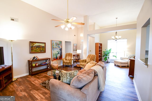 17 Kingsbrook Ln, Newnan, GA 30265 - living room with a chandelier, wood finished floors, ceiling fan, and high vaulted ceiling