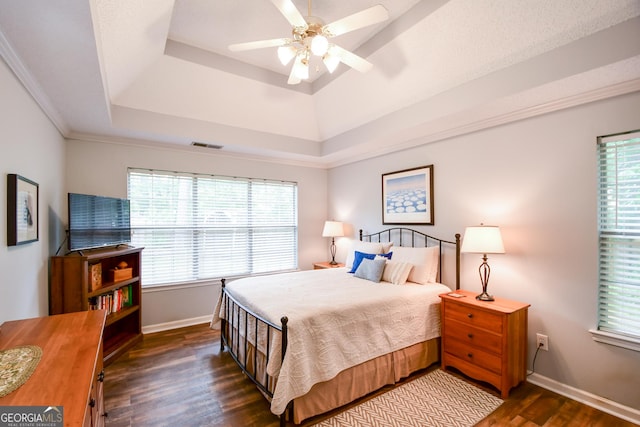 17 Kingsbrook Ln, Newnan, GA 30265 - bedroom with wood finished floors, a raised ceiling, and a ceiling fan