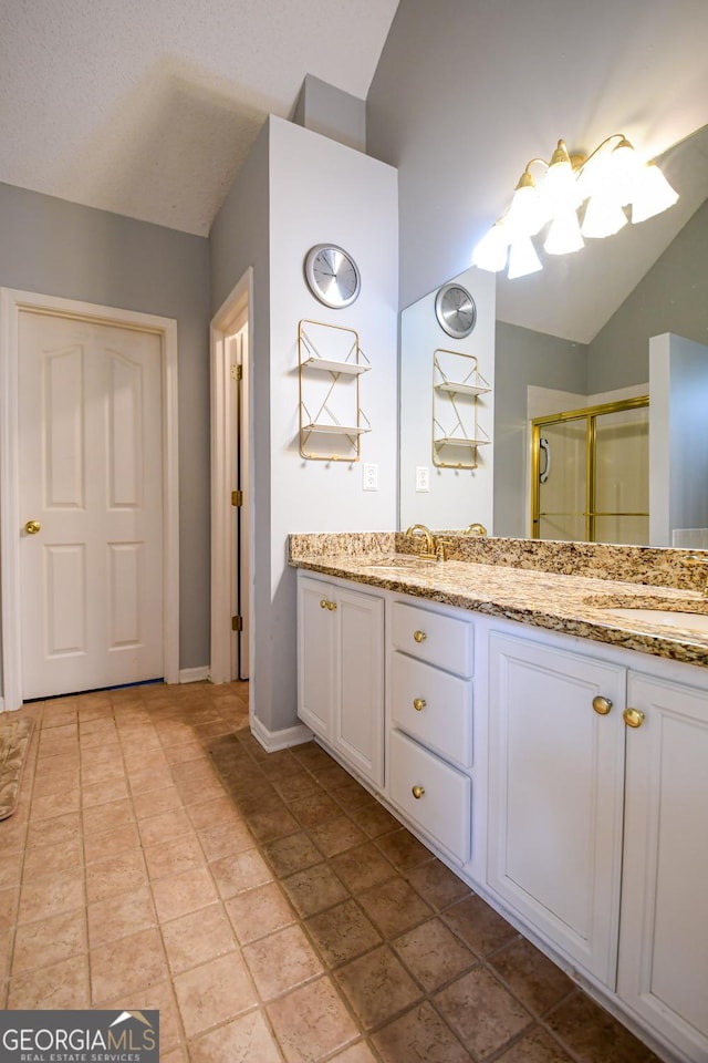 17 Kingsbrook Ln, Newnan, GA 30265 - full bath featuring double vanity, a shower stall, and lofted ceiling