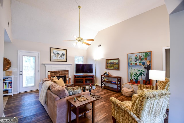 17 Kingsbrook Ln, Newnan, GA 30265 - living room featuring ceiling fan, wood finished floors, a fireplace, and high vaulted ceiling