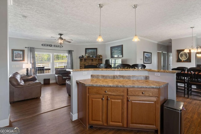 1641 Garland Mountain Trl, Waleska, GA 30183 - kitchen featuring open floor plan, a textured ceiling, a fireplace, a ceiling fan, and pendant lighting
