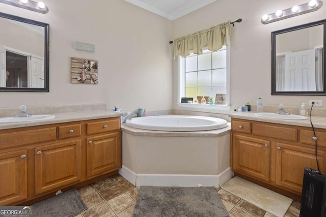 1641 Garland Mountain Trl, Waleska, GA 30183 - full bath featuring two vanities, a garden tub, tile patterned floors, and ornamental molding
