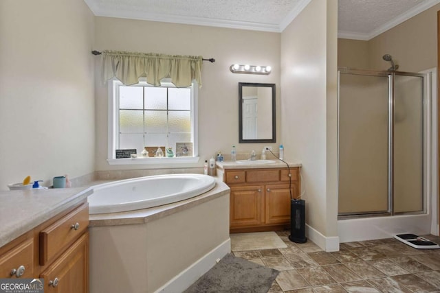 1641 Garland Mountain Trl, Waleska, GA 30183 - full bathroom with a stall shower, two vanities, a bath, a textured ceiling, and ornamental molding