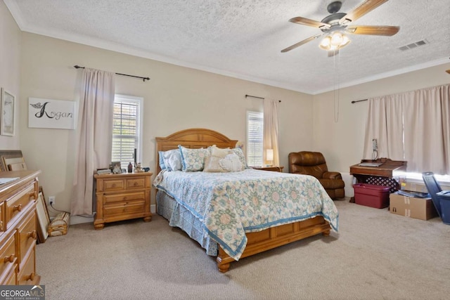 1641 Garland Mountain Trl, Waleska, GA 30183 - bedroom with carpet flooring, a textured ceiling, crown molding, and a ceiling fan