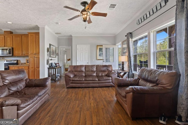 1641 Garland Mountain Trl, Waleska, GA 30183 - living area with dark wood finished floors, a ceiling fan, a textured ceiling, and crown molding