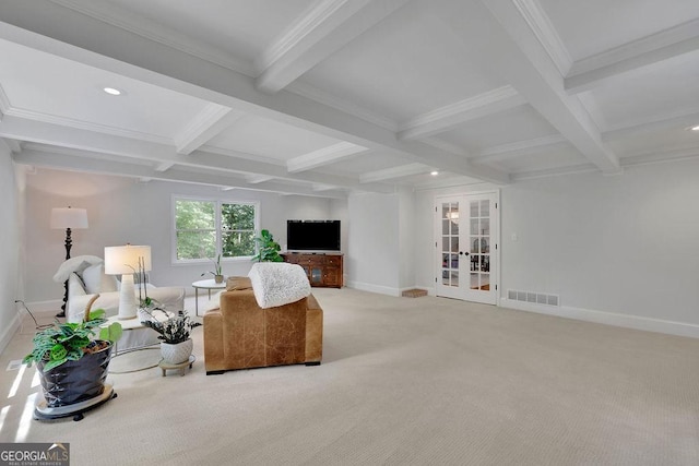2095 Honeysuckle Dr, Cumming, GA 30040 - living room with beamed ceiling, french doors, coffered ceiling, light colored carpet, and crown molding