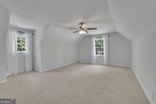 2095 Honeysuckle Dr, Cumming, GA 30040 - additional living space featuring lofted ceiling, ceiling fan, a textured ceiling, light carpet, and healthy amount of natural light