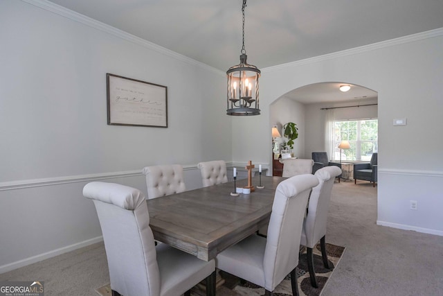 110 Serendipity Way, Dallas, GA 30157 - dining space with arched walkways, ornamental molding, carpet, and a chandelier