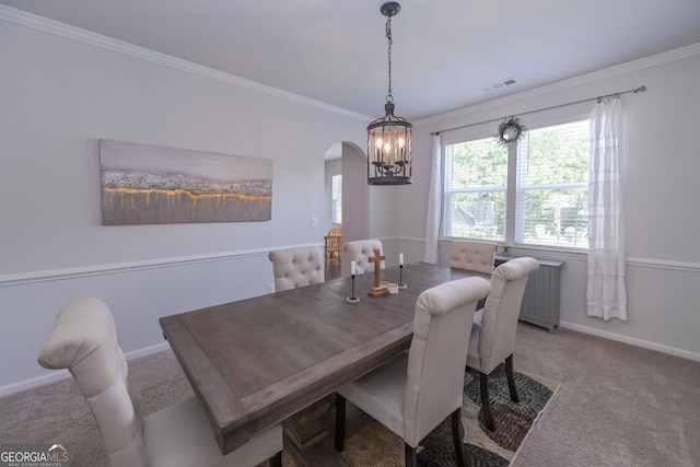 110 Serendipity Way, Dallas, GA 30157 - dining area featuring arched walkways, carpet, ornamental molding, radiator, and a chandelier