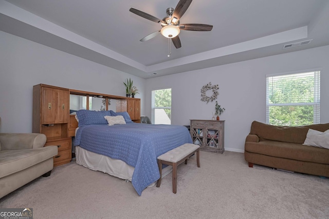 110 Serendipity Way, Dallas, GA 30157 - bedroom featuring a tray ceiling, light colored carpet, and a ceiling fan