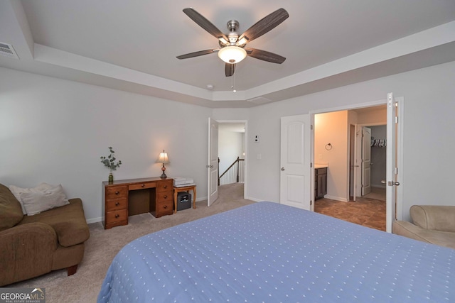 110 Serendipity Way, Dallas, GA 30157 - bedroom featuring carpet floors, a tray ceiling, ensuite bath, and a ceiling fan