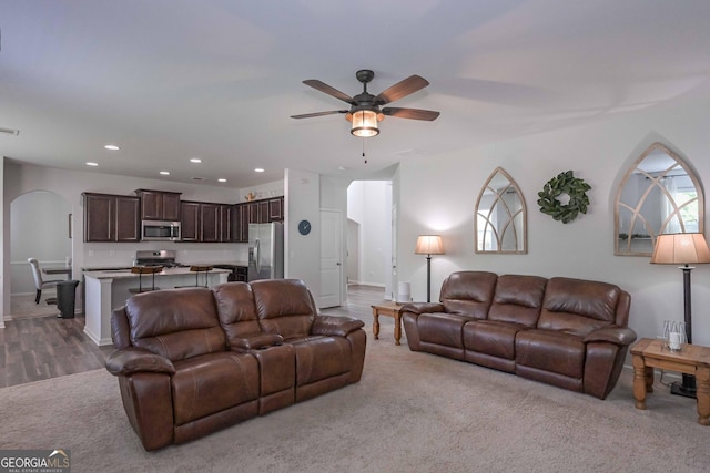 110 Serendipity Way, Dallas, GA 30157 - carpeted living room featuring arched walkways, ceiling fan, and recessed lighting