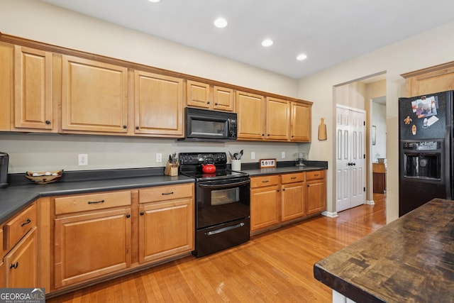 6521 Boulder Crest Ct, Flowery Branch, GA 30542 - kitchen featuring black appliances, light wood-type flooring, recessed lighting, and brown cabinetry