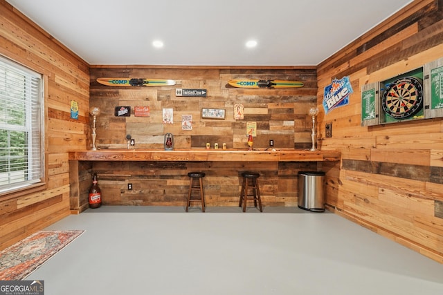 6521 Boulder Crest Ct, Flowery Branch, GA 30542 - bar with wood walls, finished concrete flooring, and recessed lighting